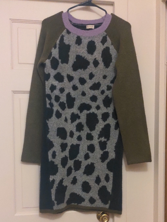 Hem & Thread Dresses & Skirts - Leopard Print Animal Print Comfy Knit Dress with Olive Sleeves and Lavender Neck